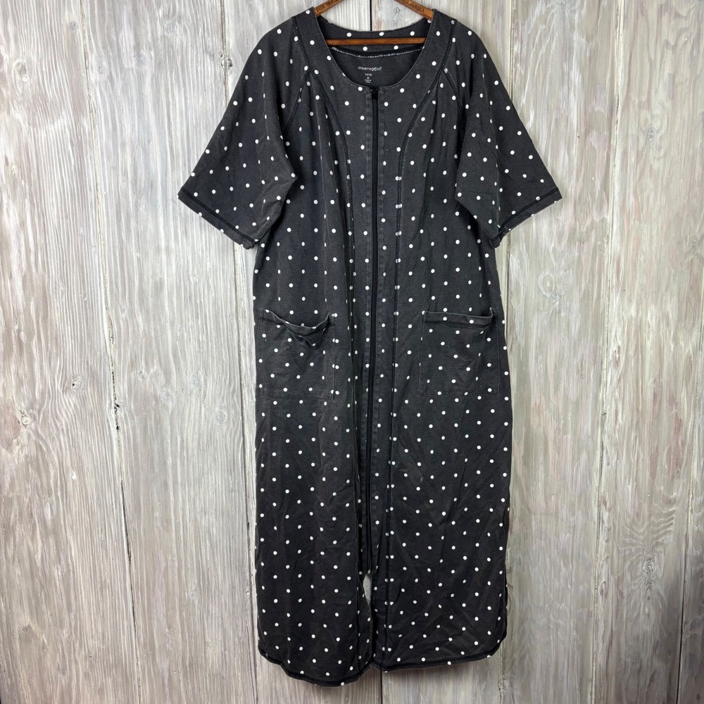 Dreams & Co Polka Dot Zip Front Short Sleeve Lounger‎ Robe Dress 14/16 M Caftan
